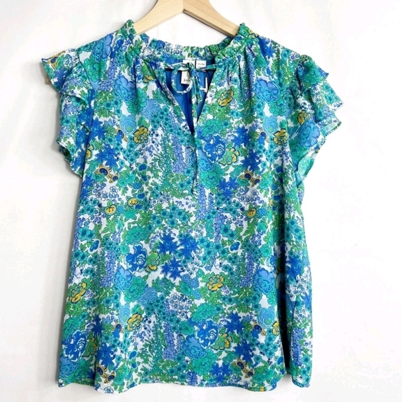 Joie Floral Blue and Green Women's Top Garden Party Brunch Career Large Vacation - Picture 2 of 15